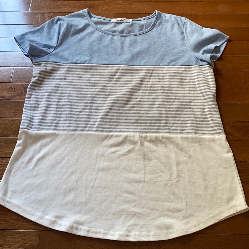 White, Gray and Blue Striped Short Sleeve Shirt from Amazon